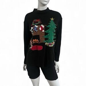 Vintage Bechamel Embroidered 3D Ugly Christmas Sweater Shirt Cat by Fire Size S